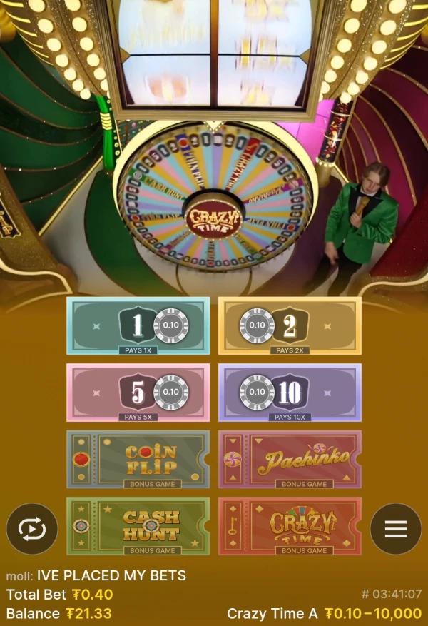 Online Crazy Time game show on the CoinPoker Casino mobile app.