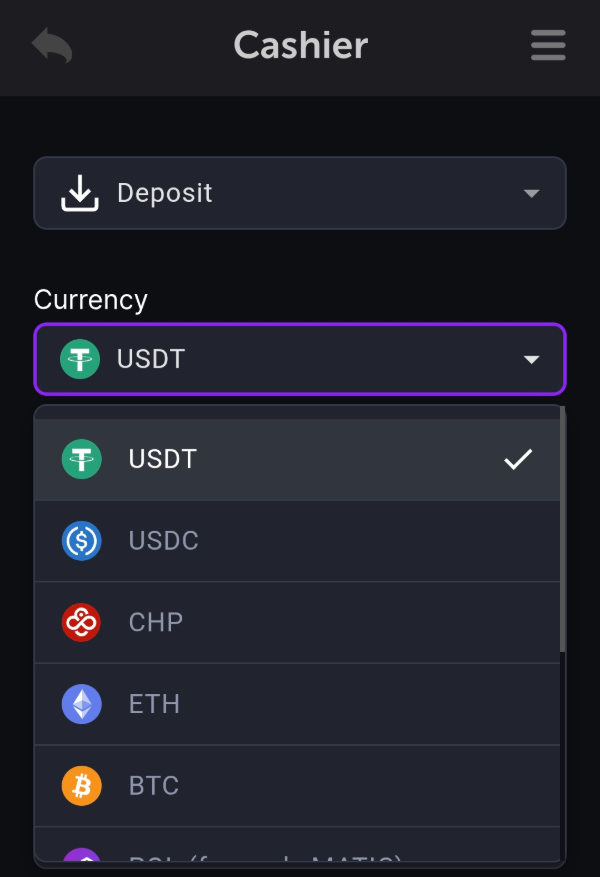 The deposit screen of the CoinPoker mobile app.
