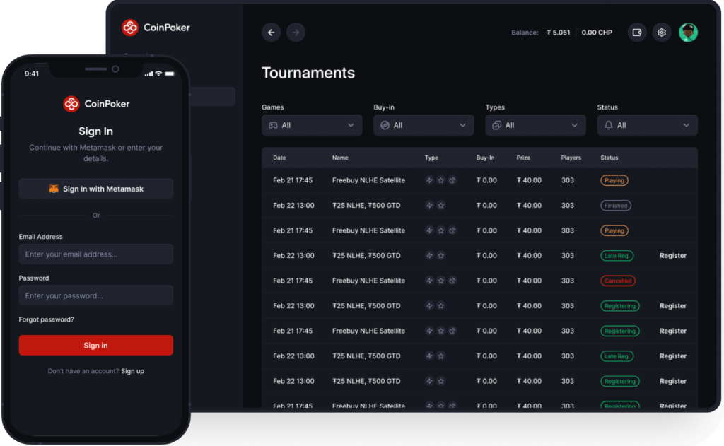 The CoinPoker mobile app, plus an image of the desktop app, side by side.