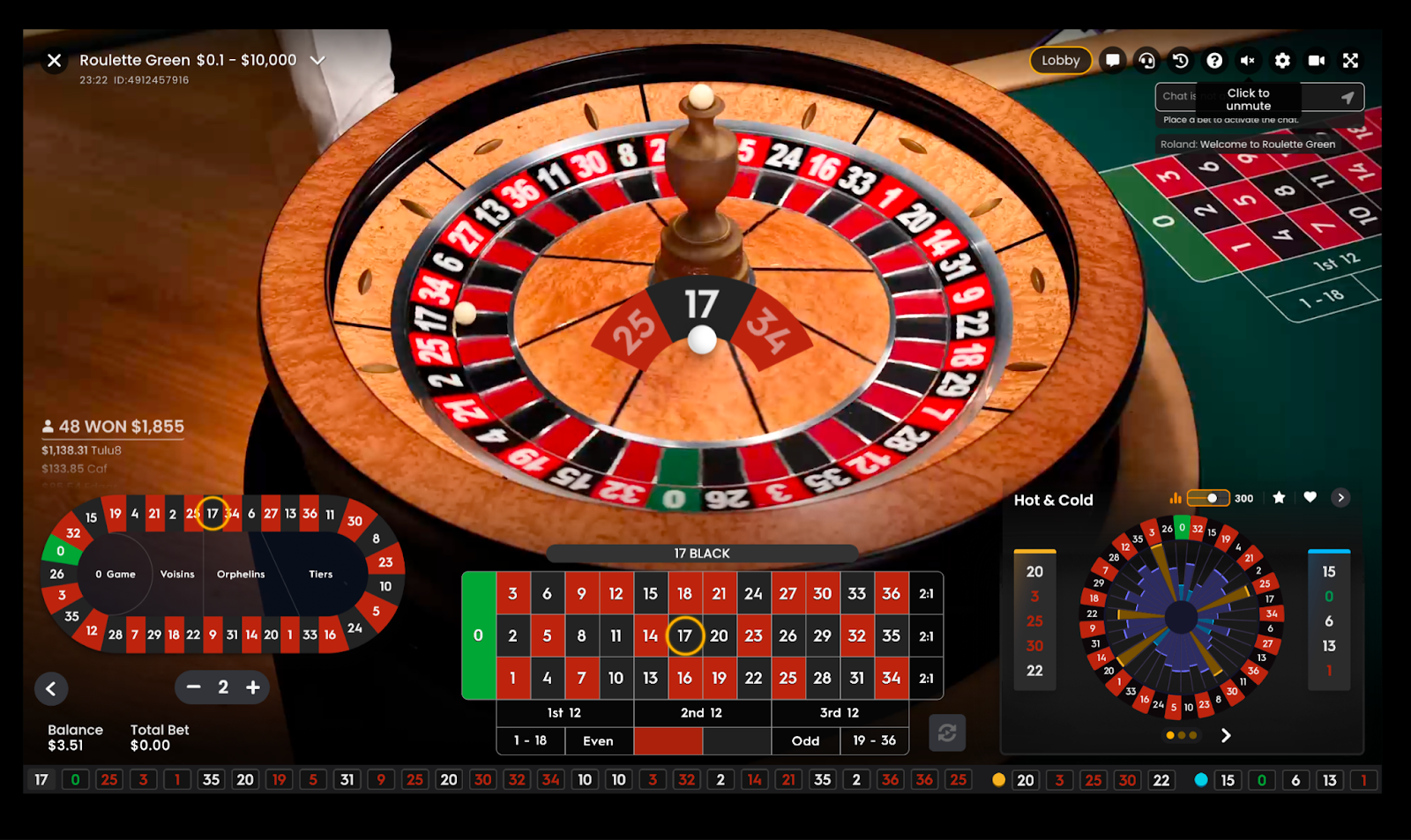 An image of European roulette wheel with ball landing on 17 black.