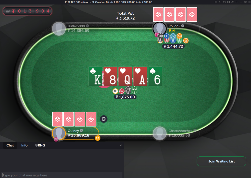 A cash game of high-stakes PLO where one player is betting on the river.