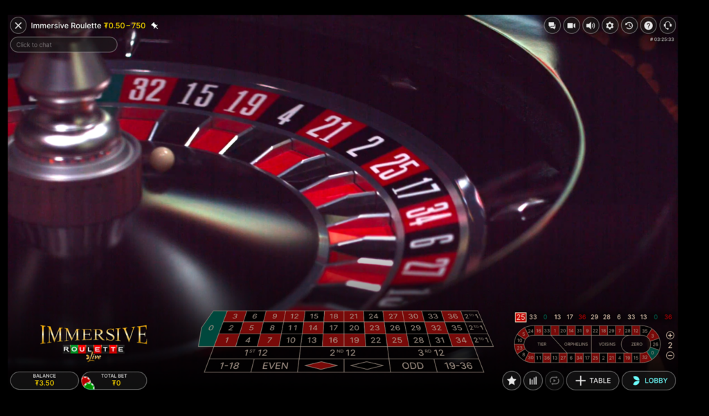 A close-up of the roulette wheel in the immersive variant on coinpoker live dealer casino.