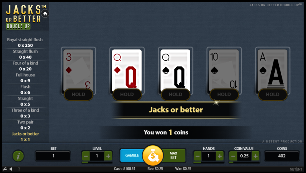 The hand is won as another Queen is dealt, leading to a Queen pair in Jacks or Better.