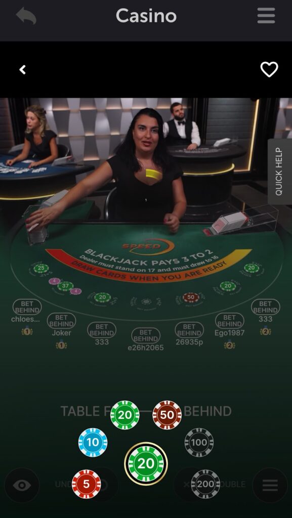 A mobile screenshot of live dealer blackjack at CoinPoker online casino.