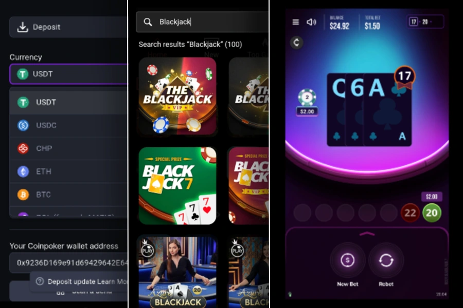 A look at the deposit, game search, and gameplay on the CoinPoker Casino app.