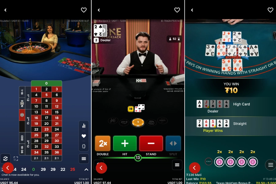 The live casino app on CoinPoker showing a game of Live Blackjack.