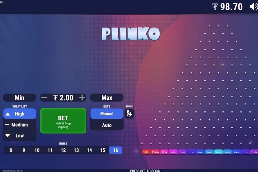 A picture of GameArt’s Plinko, a simple but fun Plinko real money game with basic features and a simple design.