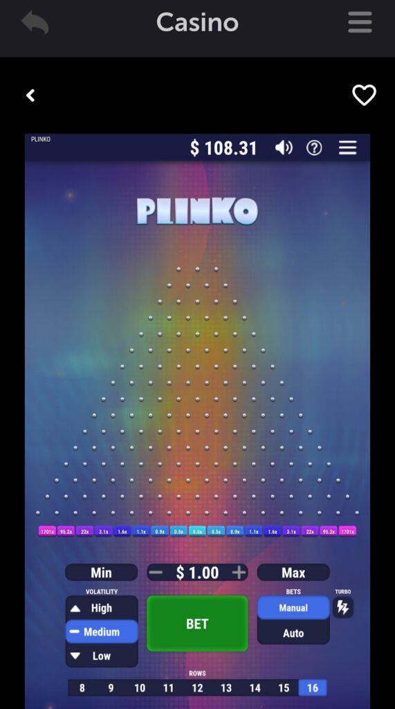 plinko casino mobile game showing 16 rows with a payout range of 0.5x to 170.1x on medium volatility.