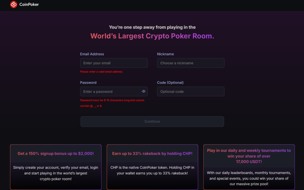 The Register web page for a CoinPoker player