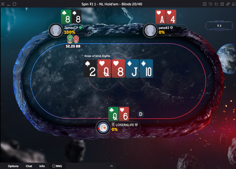 A three-way all-in in a Cosmic Spin event on CoinPoker