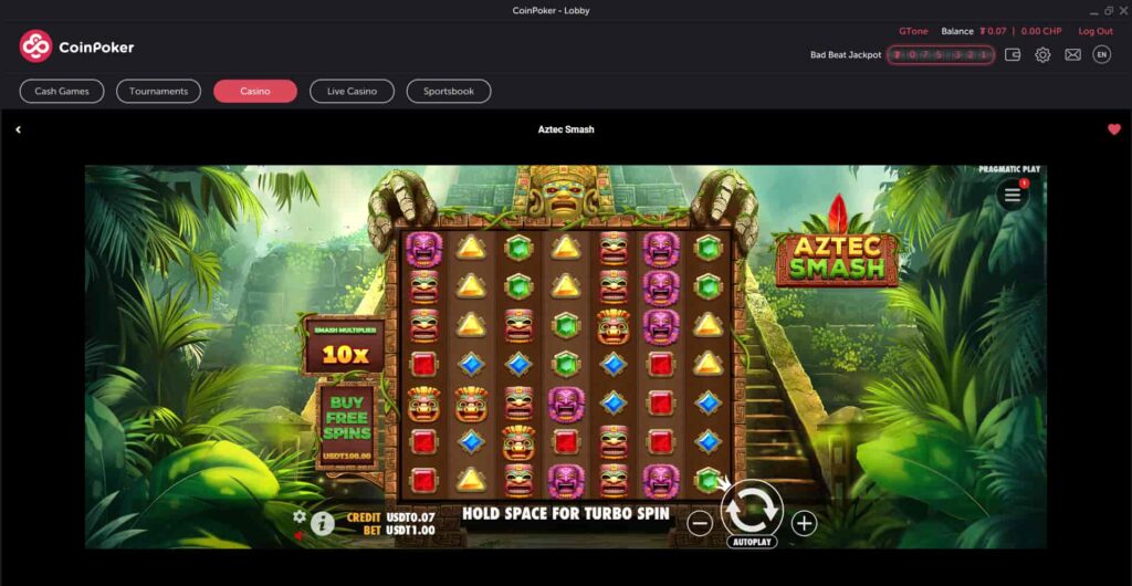 A game of online slots on CoinPoker crypto casino (Aztec Slots)