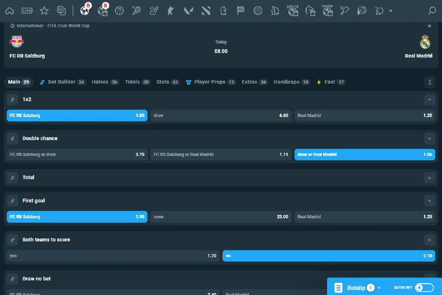 Here's an example of CoinPoker's depth of betting markets, showing several bet types for a FIFA world cup match.
