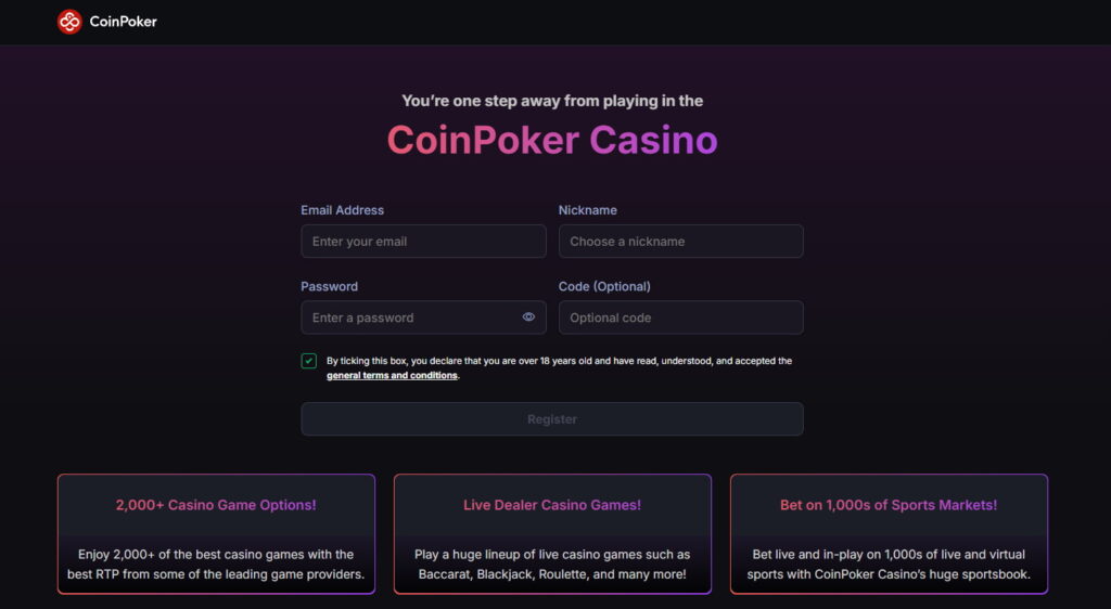 The sign up page of CoinPoker Casino