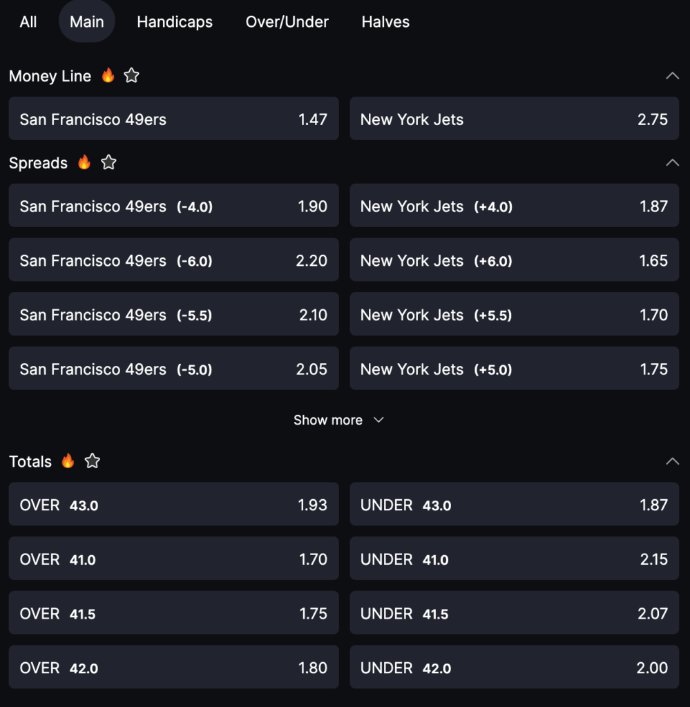 A screenshot of CoinPoker betting site, showing moneyline, spreads, and total markets for San Francisco 49ers vs New York Jets NFL game.