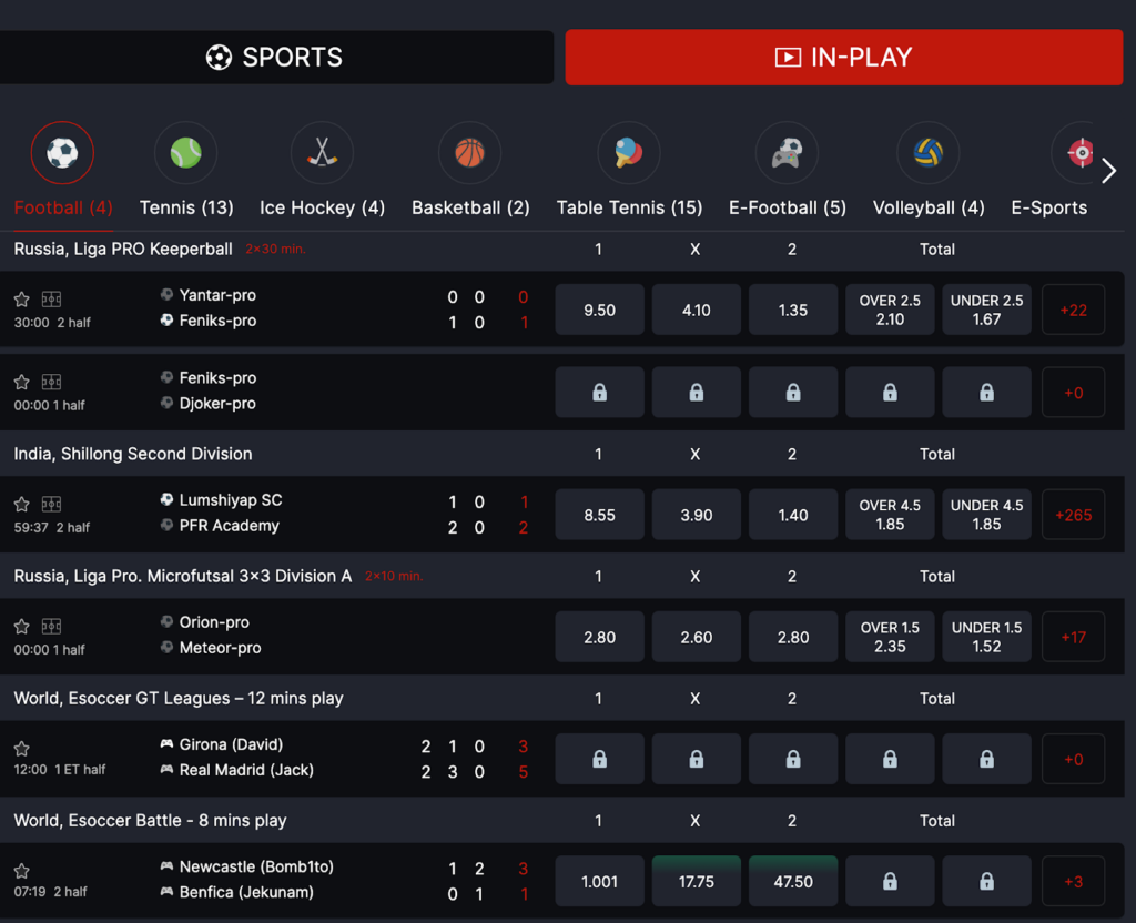 A screenshot of CoinPoker sportsbook, showing in-play live betting markets across football, tennis, and other sports.