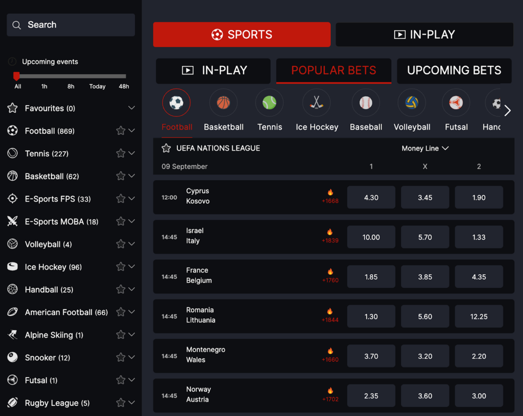 A screenshot of CoinPoker's Sportsbook page showing UEFA Nations League matches with moneyline odds.