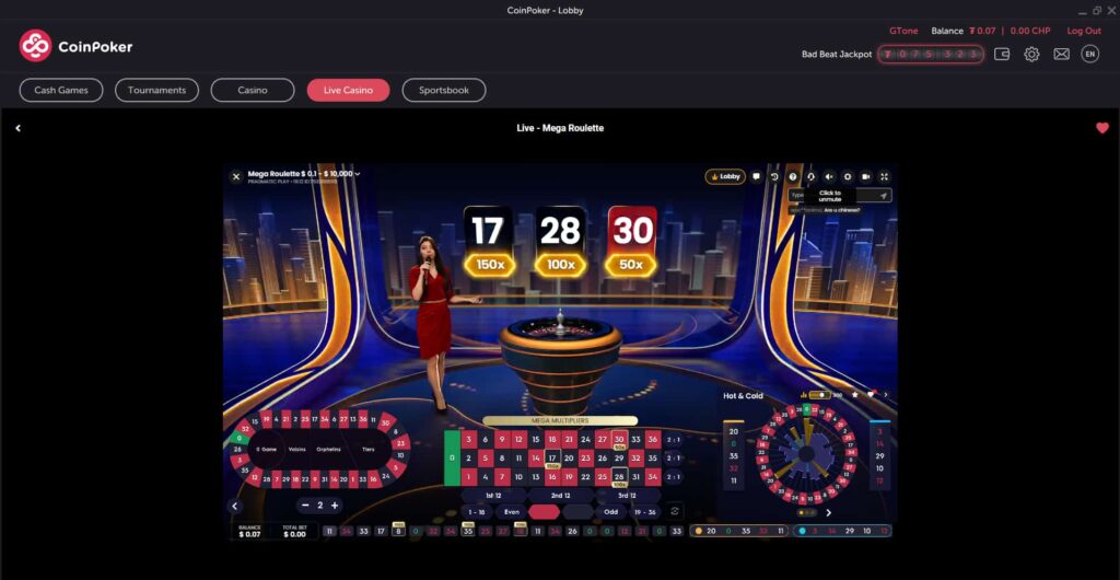 A game of online Mega Roulette on CoinPoker Casino.