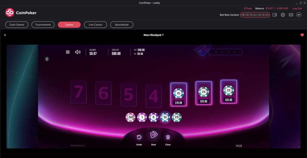 An online blackjack game of Neon Blackjack on CoinPoker Casino