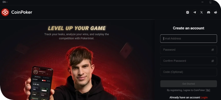 A screenshot shows the start page of the CoinPoker app, where users can register or log into their accounts and play poker, casino games, or bet on sports.