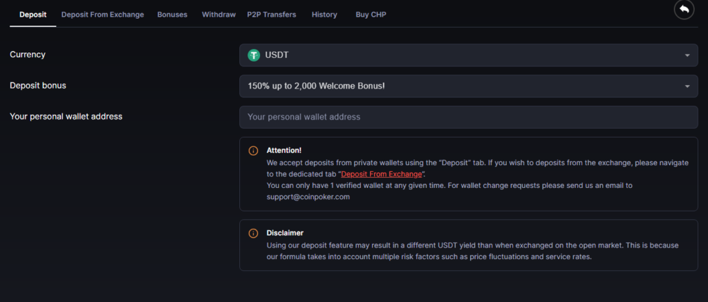 The deposit page of the CoinPoker PC app, with fields for deposit method and bonus.