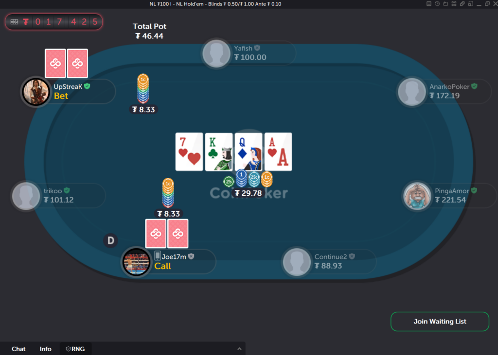 A play makes a bet on the turn of a CoinPoker cash game and their opponent calls the bet.