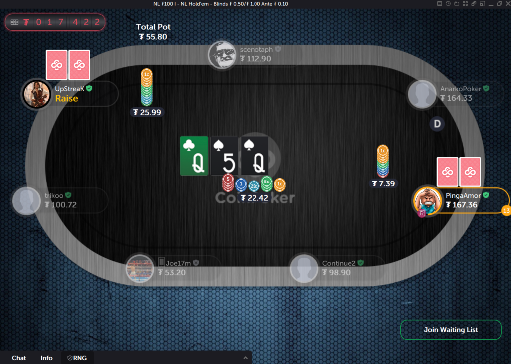 Two players in a No-Limit Texas Hold'em hand, where one player raises the bet to around 3x.