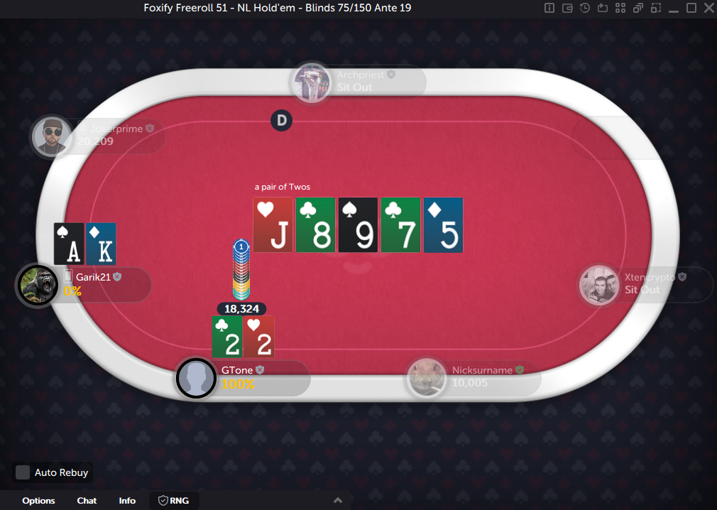 The lowest pocket pair in poker wins against Ace-King in a CoinPoker freeroll