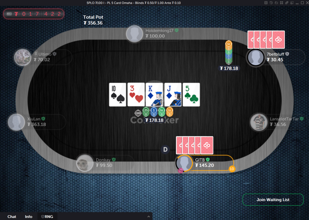 a PLO5 cash game on CoinPoker