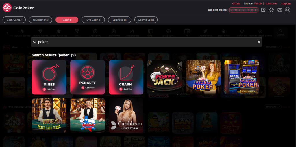 A filtered search for "poker" in CoinPoker's casino, showing the video poker variants available and other games.