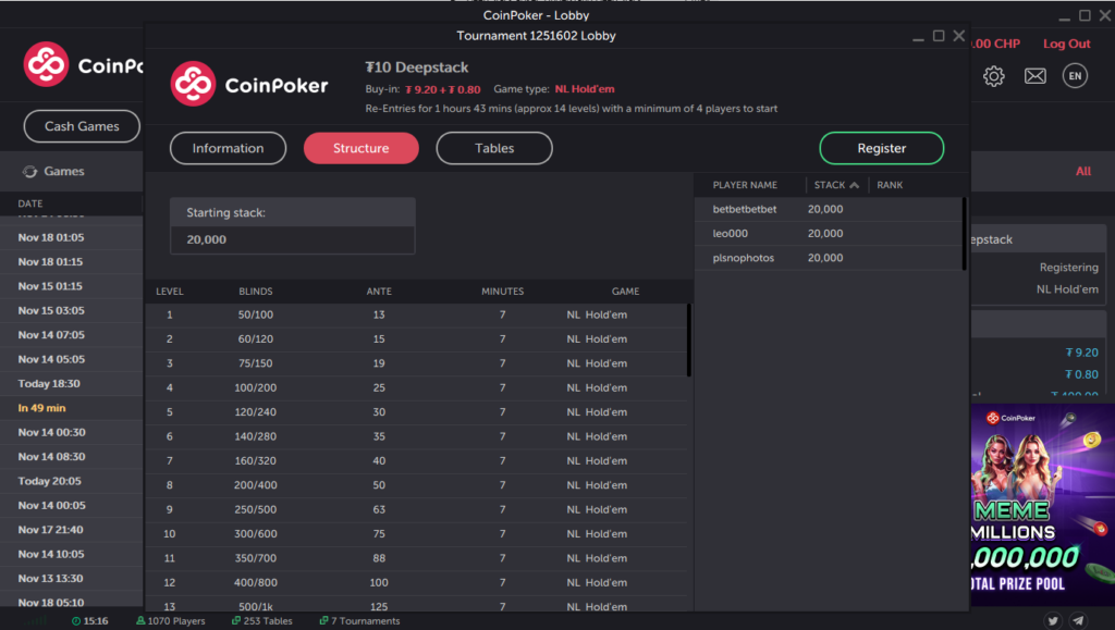 The CoinPoker app showing the structure for a deep stack poker tournament, where players start with 200 big blinds (200bb)