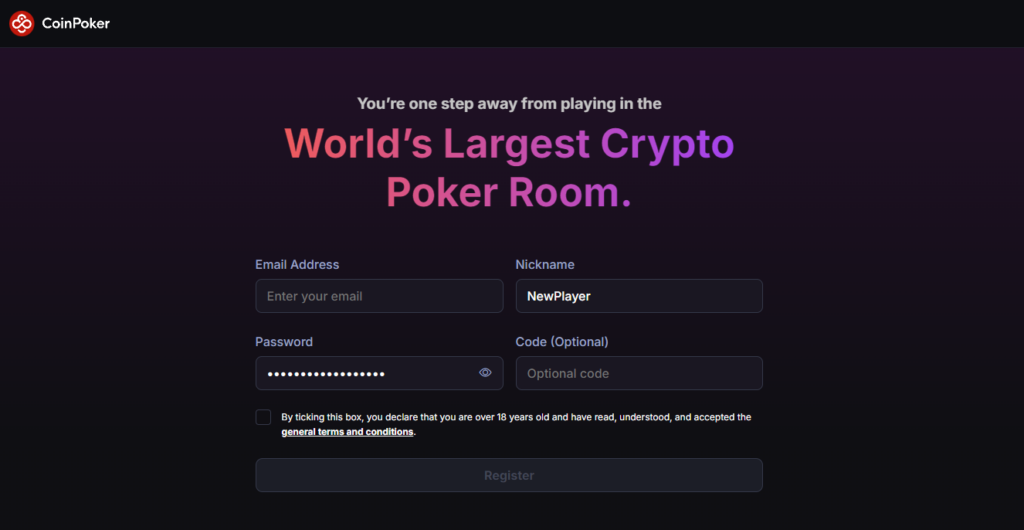 The register step for the CoinPoker poker room and crypto casino.