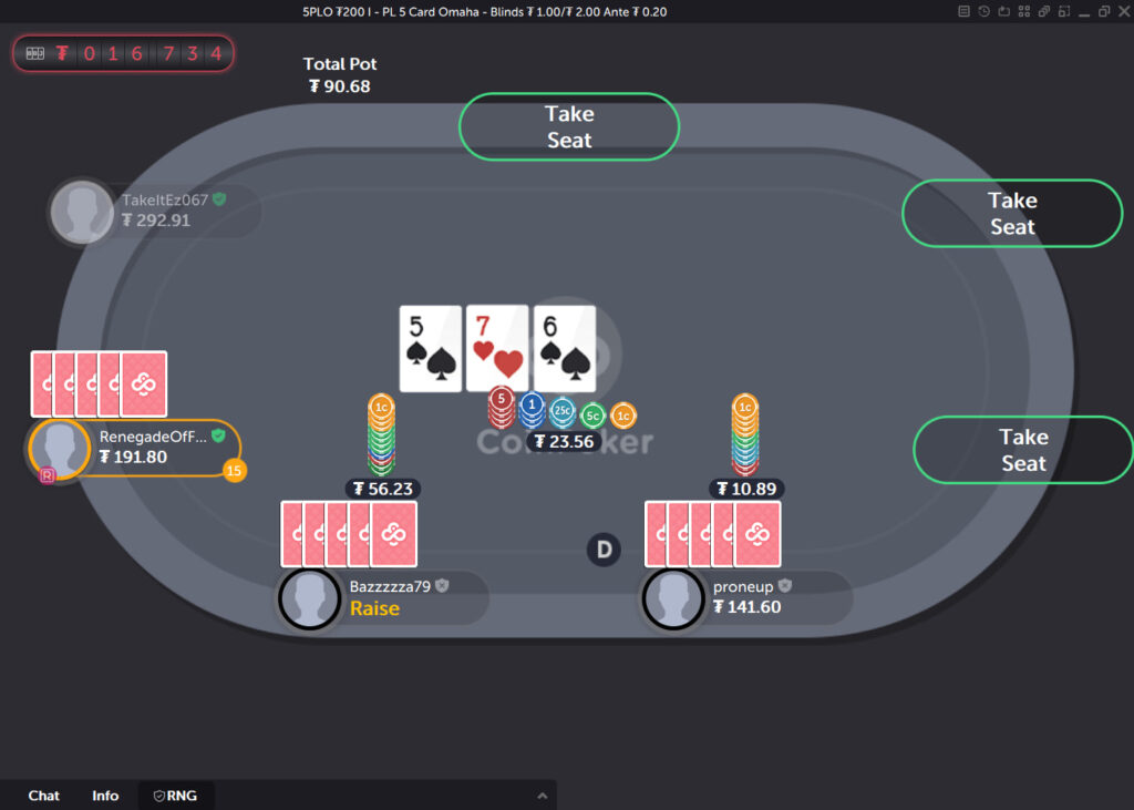 In a PLO5 game on CoinPoker, one player bets, another makes a raise, and a third player considers a 3-bet, call, or fold.