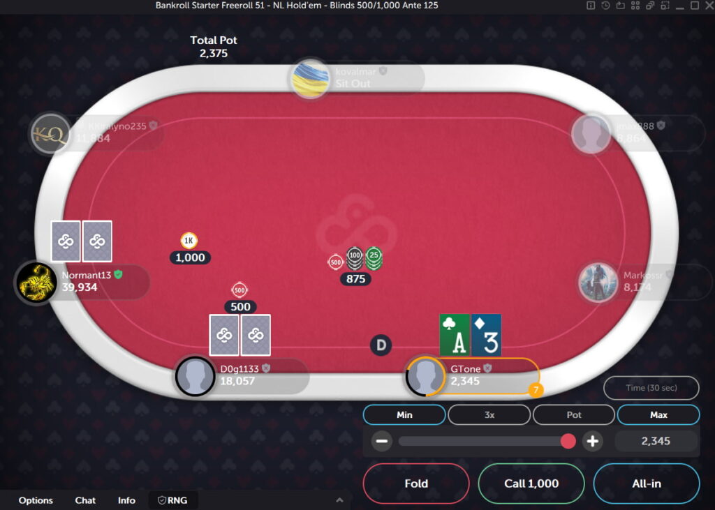 A player with Ace-Three and a short stack considers their decision in a poker freeroll on CoinPoker.