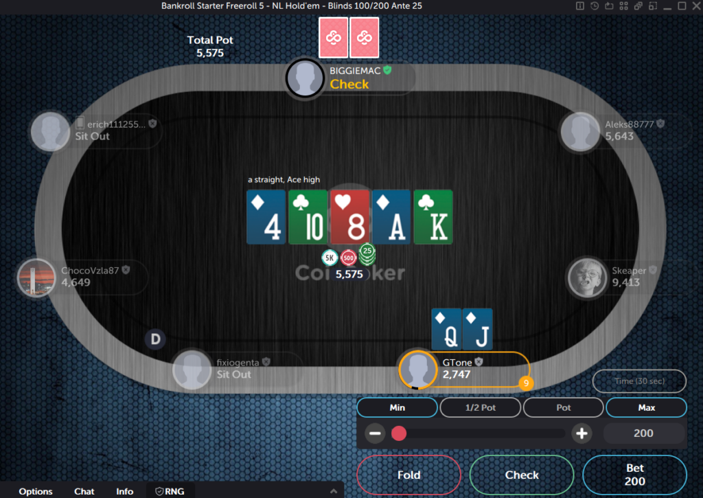 A player with Jack-Queen of diamonds makes a straight on the river of a CoinPoker game.