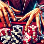 A poker player pushes a stack of chips into the pot in a poker game.