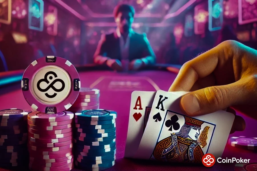 A player looks at a good poker hand (Ace-King) and decides what to do.