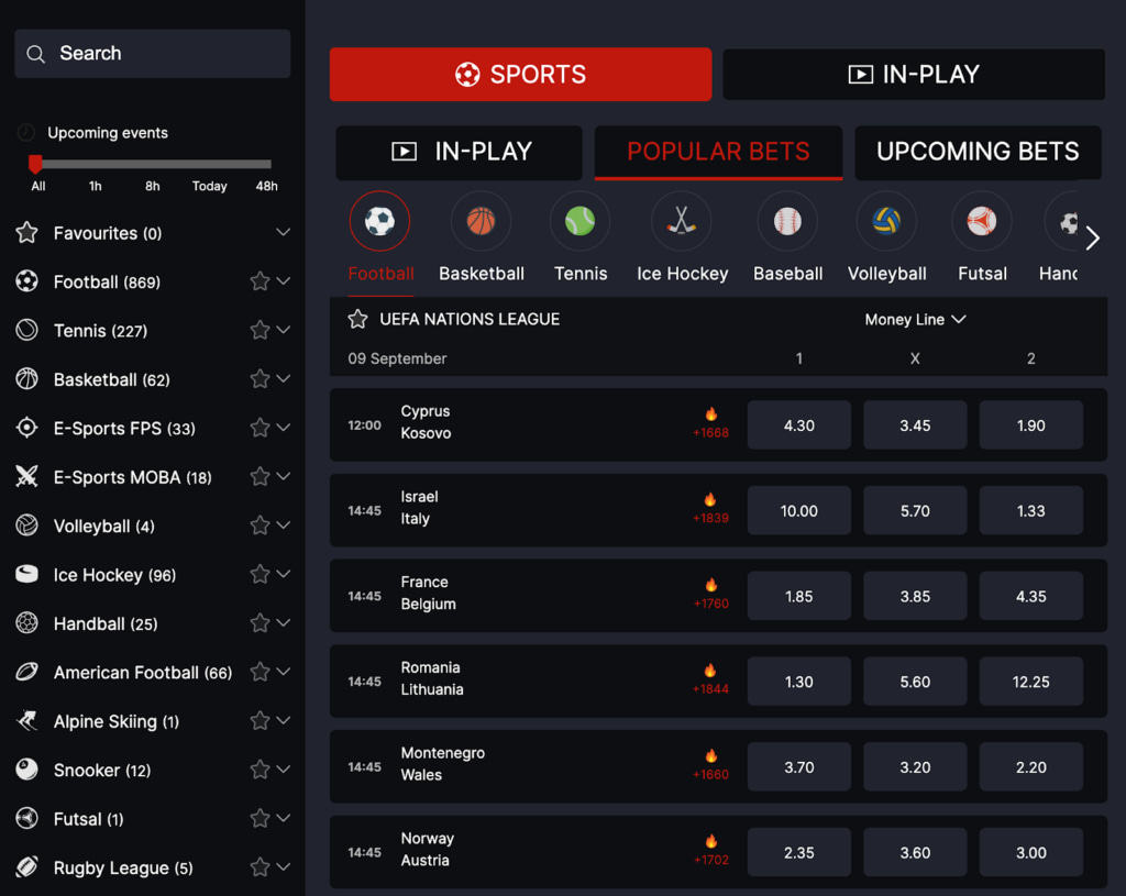 the CoinPoker sports tab showing Popular Bets, meaning the most popular sports to place bets on.