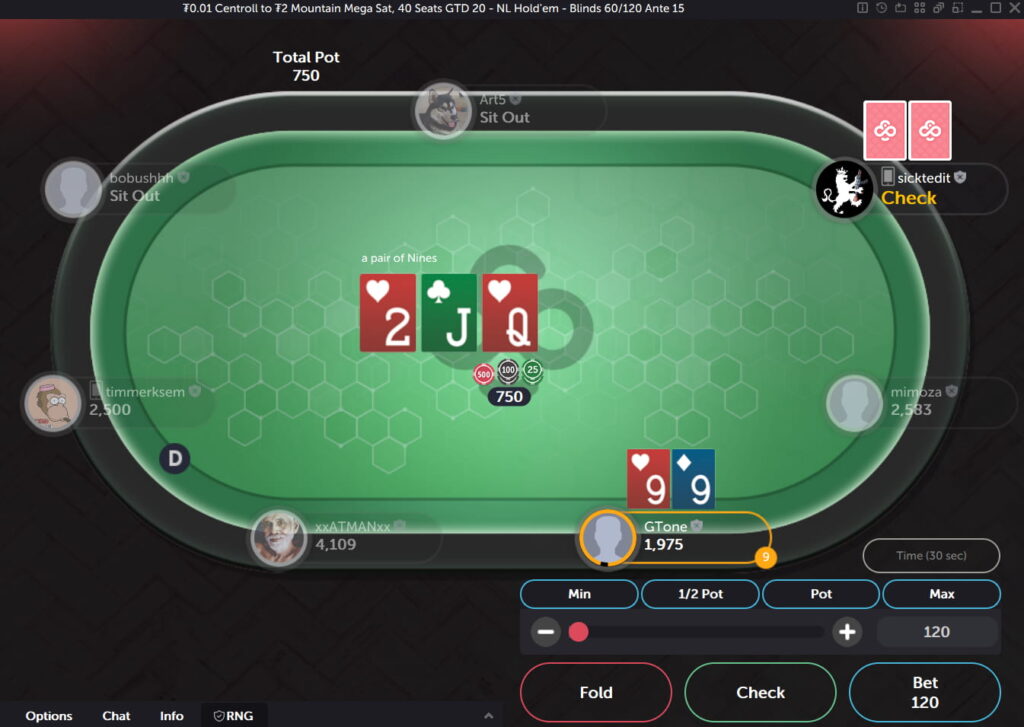 A player holds two nines and sees a flop of 2h Jc Qh, giving them a middle pair combination.