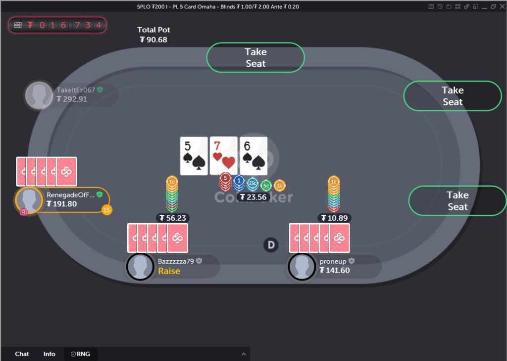 One player makes a c bet in a CoinPoker cash game and then is raised by one of his opponents.