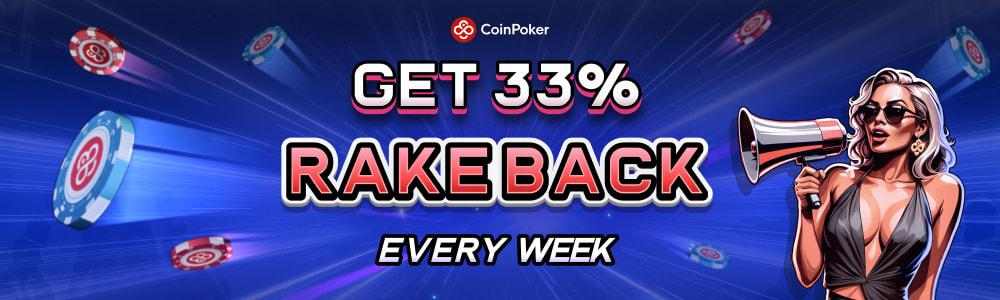 A banner shows the 33% rakeback offer for CoinPoker players (weekly 33%).