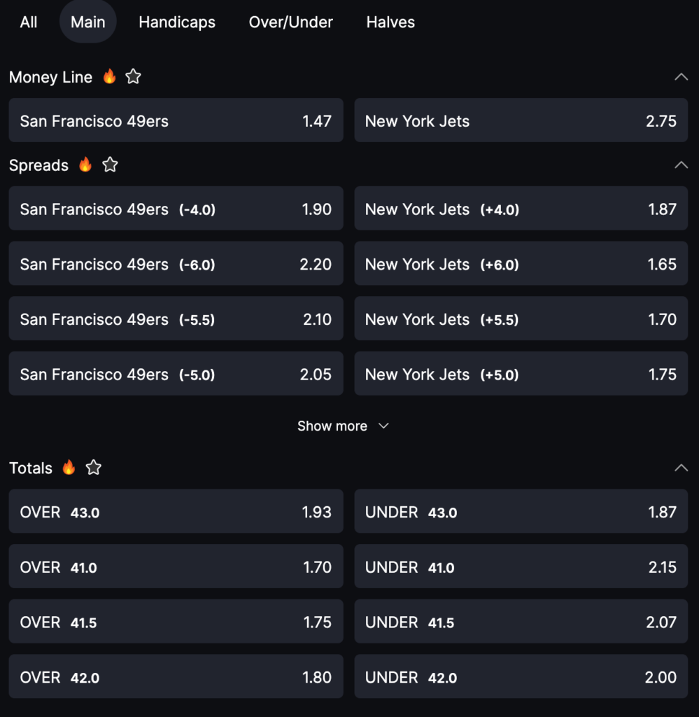 On CoinPoker, a menu shows teams like the NY Jets and San Francisco 49ers with different spreads