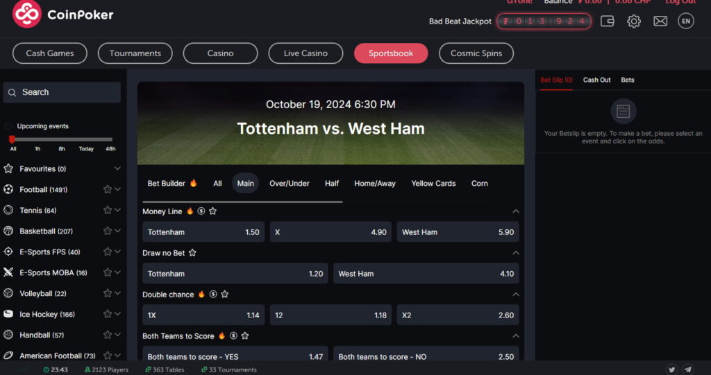 Tattenham vs West Ham no verification sports betting on the CoinPoker PC application