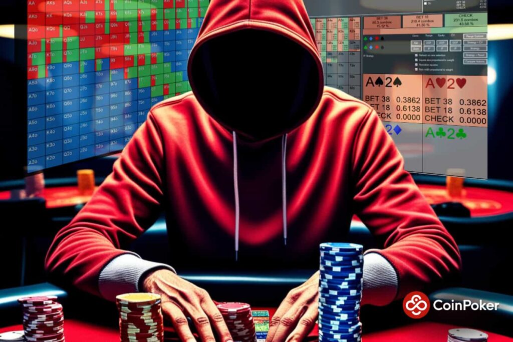 A poker player sits in front of poker software like solvers to get GTO strategies