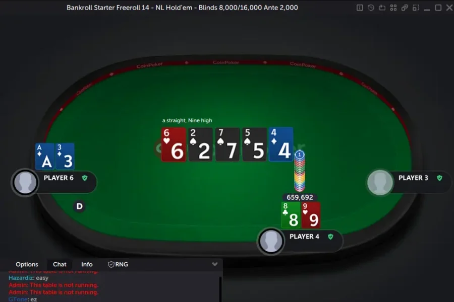 Two players in a No Limit Texas Holdem tournament showdown, one has a straight from 3 to 7 and the other has a straight from 5 to 9.