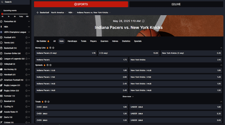 A screenshot of different wagers available for a Pacers vs Knicks game on the CoinPoker Sports Betting app.