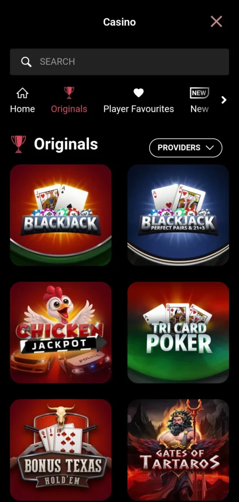A screenshot of the CoinPoker Casino app lobby, showing top games, slots, and bonus buy games.