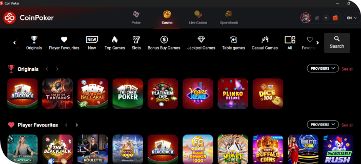 An image of the CoinPoker Casino lobby, showing thumbnails for various new games, top games, and other online casino game variants.