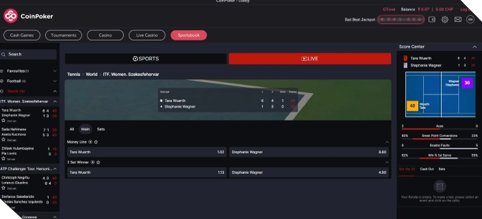 A screenshot showing the CoinPoker sportsbook for crypto sports betting and a live game of Tennis being bet on.