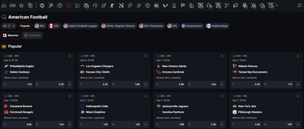 American Football NFL games on CoinPoker Crypto Sports Betting site.