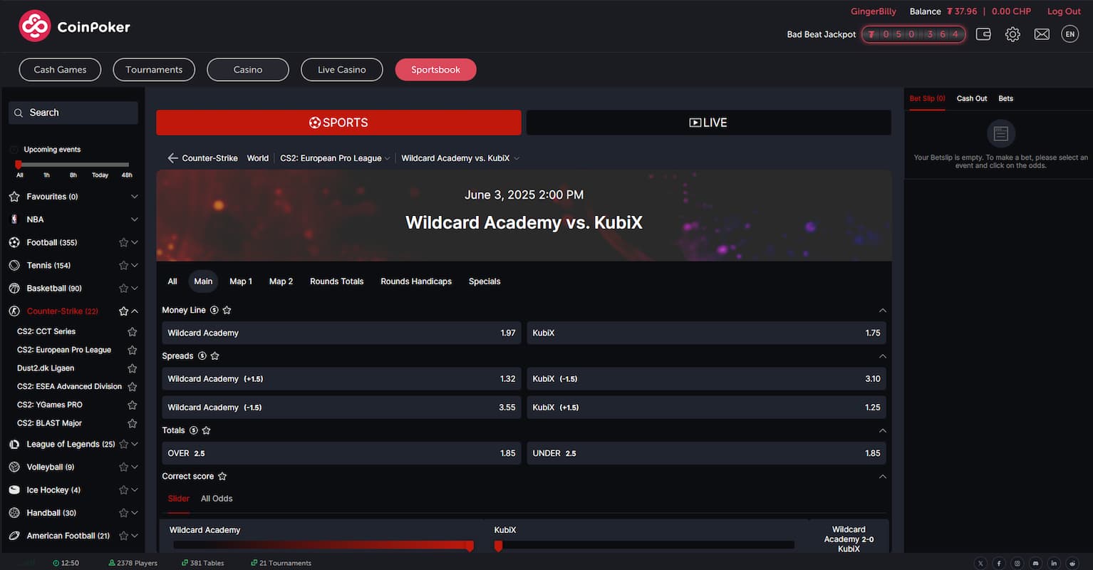 Counter Strike betting markets within eSports on CoinPoker.